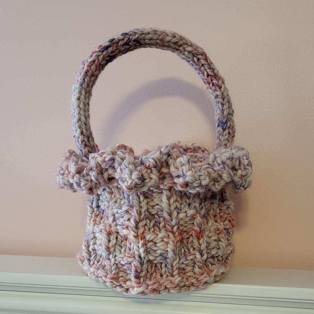 Handmade Knit Basket With Ruffle Pink Purple And Cream
